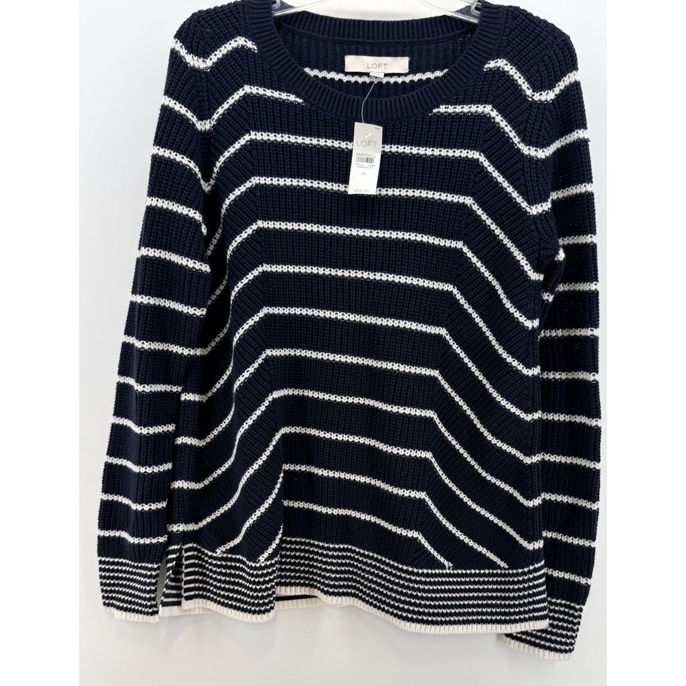 LOFT Women's Cotton/Acrylic Sweater Striped Blue/White NEW Women's Sz‎ Medium